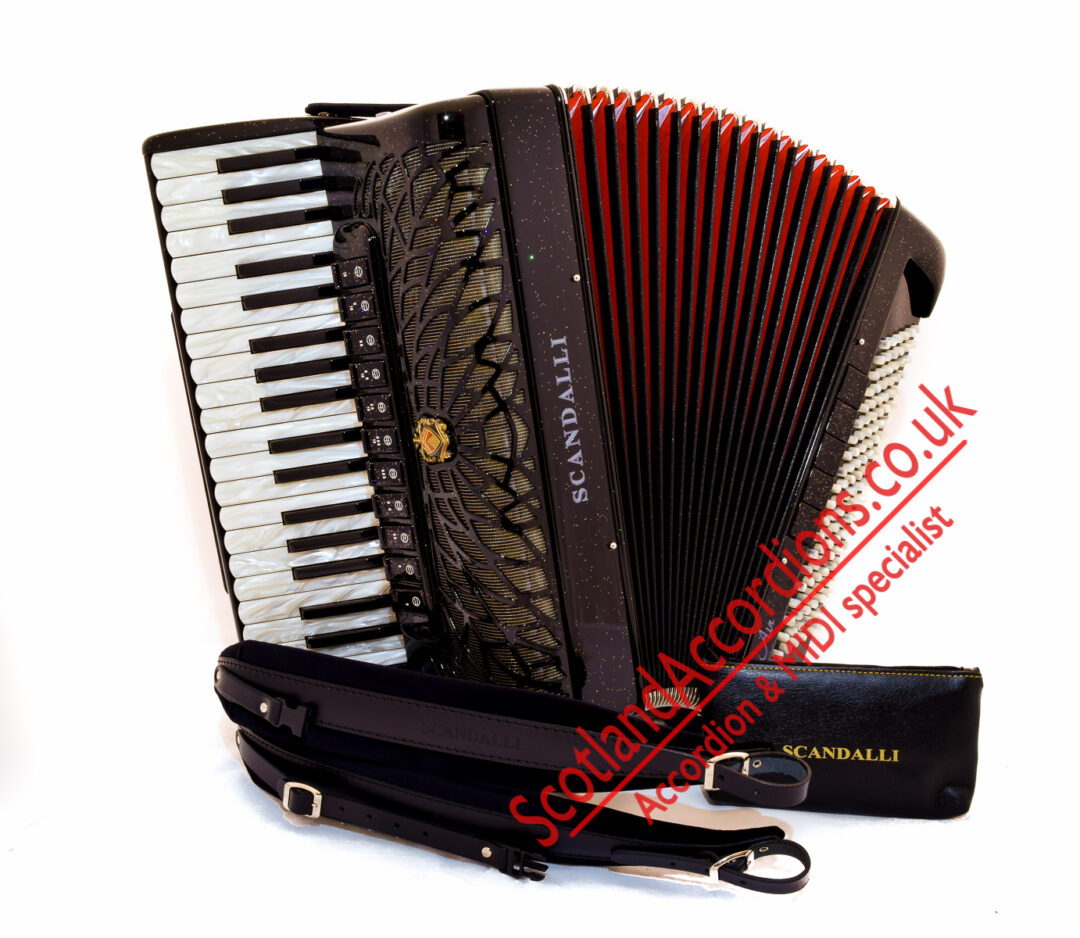 Scandalli Air I S 41 key 120 bass 4 voice black piano accordion with sparkle finish, Scottish musette