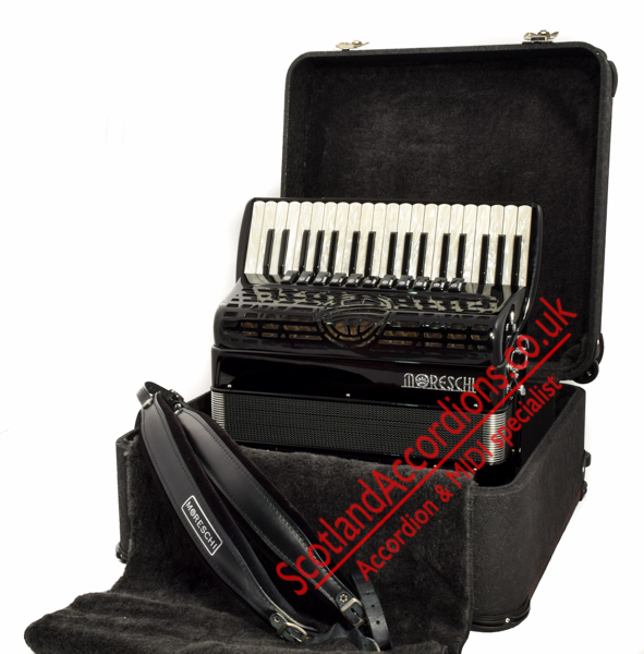 Moreschi Masterpiece IV 37 key 96 bass 4 voice black piano accordion with cassotto, double octave tuned, with wireless MIDI
